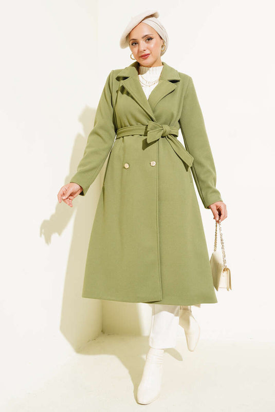Gold Buttoned Belted Wool Coat Mint Green