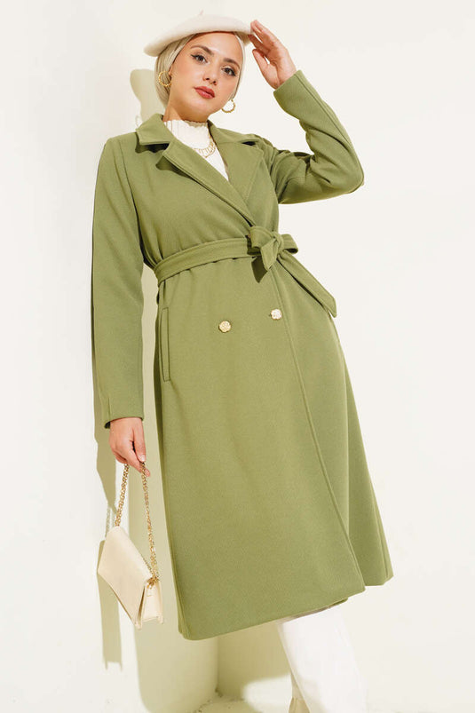 Gold Buttoned Belted Wool Coat Mint Green