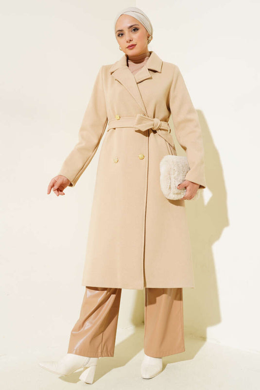 Gold Buttoned Belted Cashmere Coat Camel