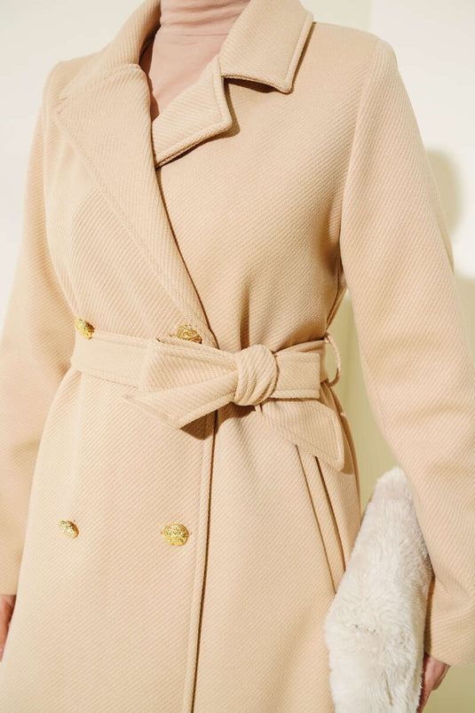 Gold Buttoned Belted Cashmere Coat Camel