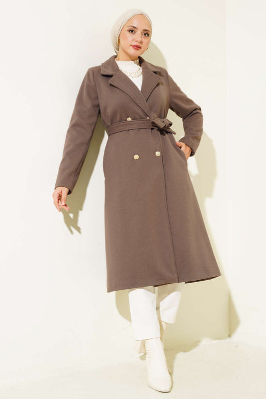 Gold Buttoned Belted Wool Coat Brown