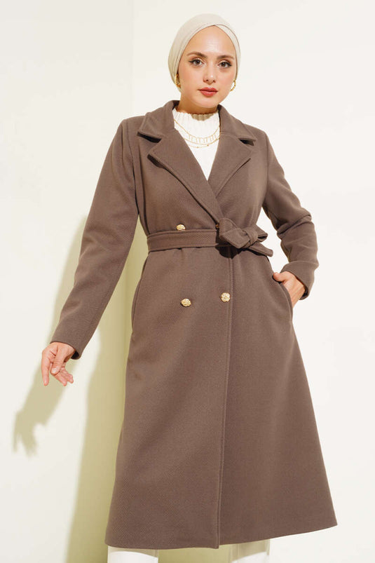 Gold Buttoned Belted Wool Coat Brown