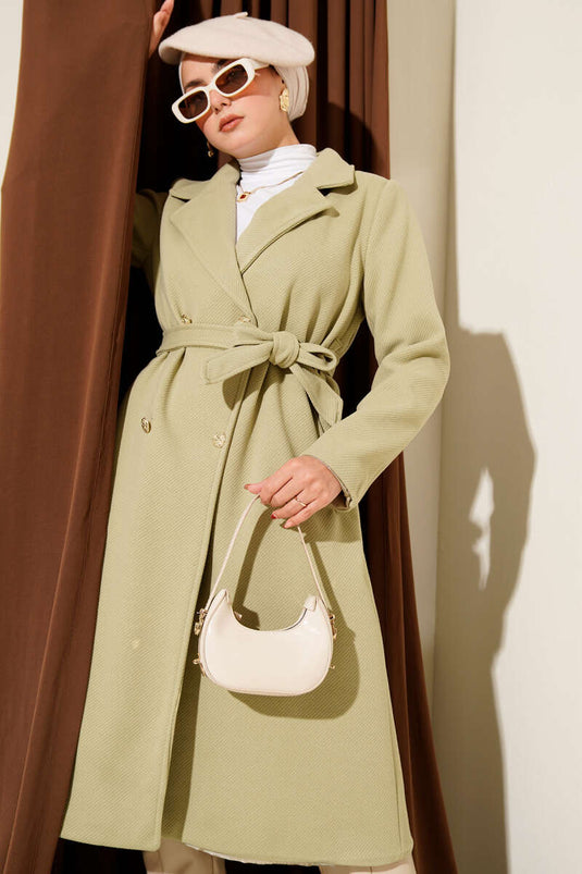 Manteau en cachemire à ceinture et boutons dorés, vert aqua