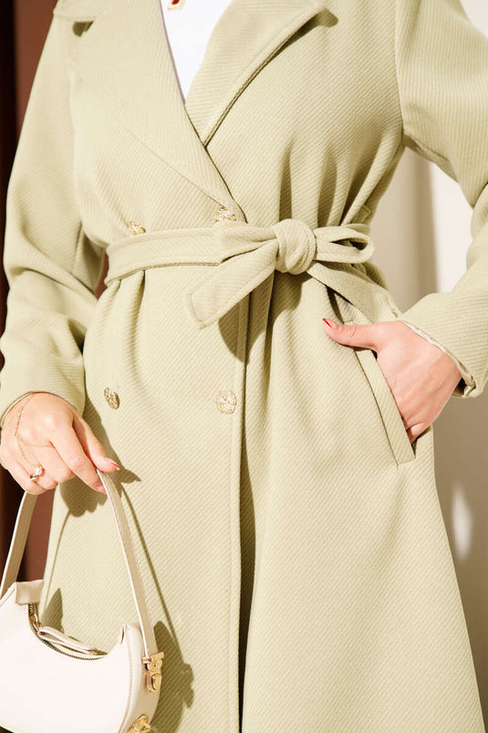 Manteau en cachemire à ceinture et boutons dorés, vert aqua