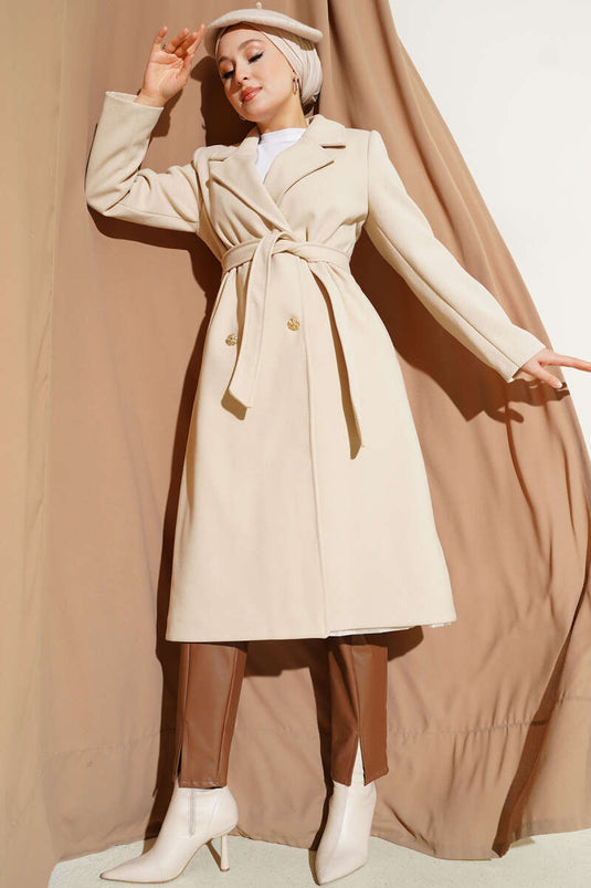 Gold Buttoned Belted Cashmere Coat Stone