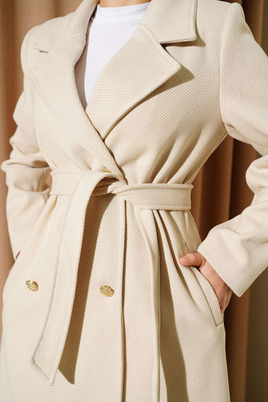 Gold Buttoned Belted Cashmere Coat Stone