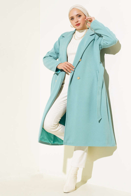 Cappotto di anacardi con cintura e bottoni dorati Turchese