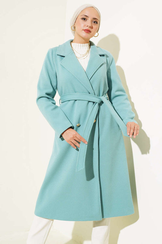 Cappotto di anacardi con cintura e bottoni dorati Turchese