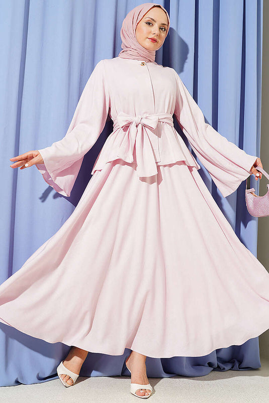 Ensemble jupe en lin avec ceinture et boutons dorés rose