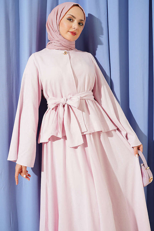 Ensemble jupe en lin avec ceinture et boutons dorés rose