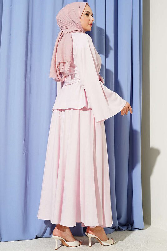 Ensemble jupe en lin avec ceinture et boutons dorés rose