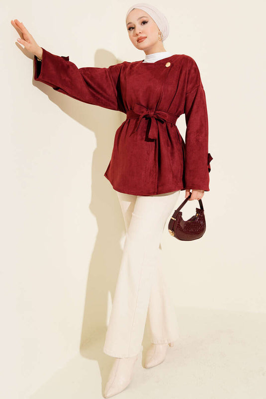 Belted Suede Jacket with Gold Buttons, Burgundy