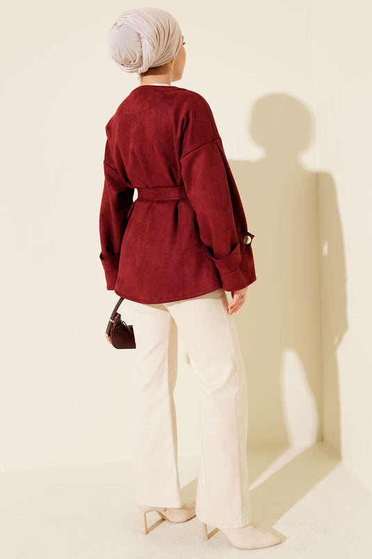 Belted Suede Jacket with Gold Buttons, Burgundy