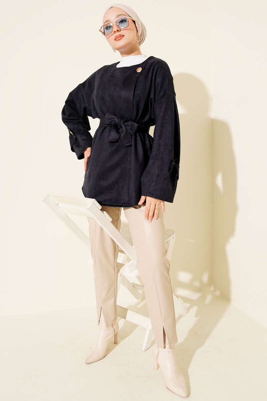 Gold Buttoned Belted Suede Jacket Navy Blue