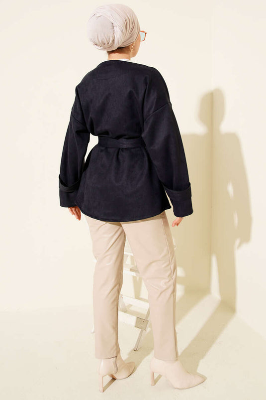 Gold Buttoned Belted Suede Jacket Navy Blue