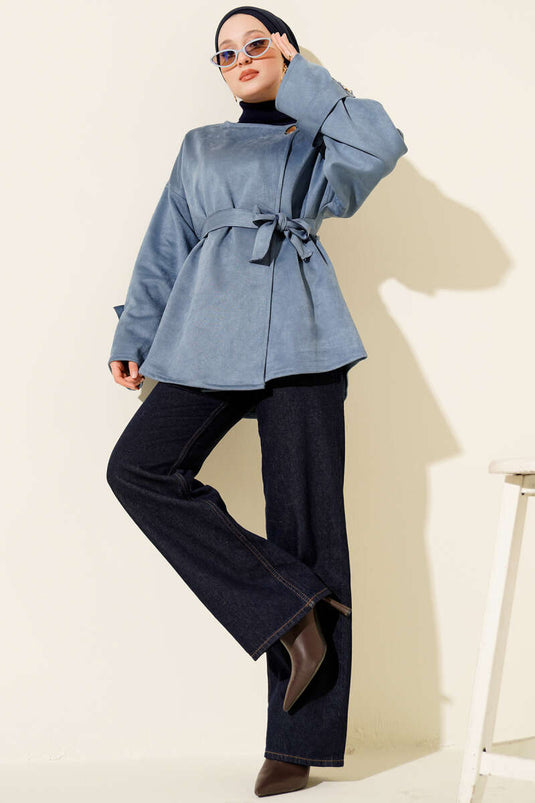 Gold Buttoned Belted Suede Jacket Blue