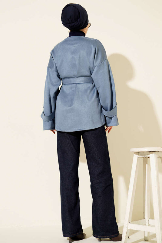 Gold Buttoned Belted Suede Jacket Blue