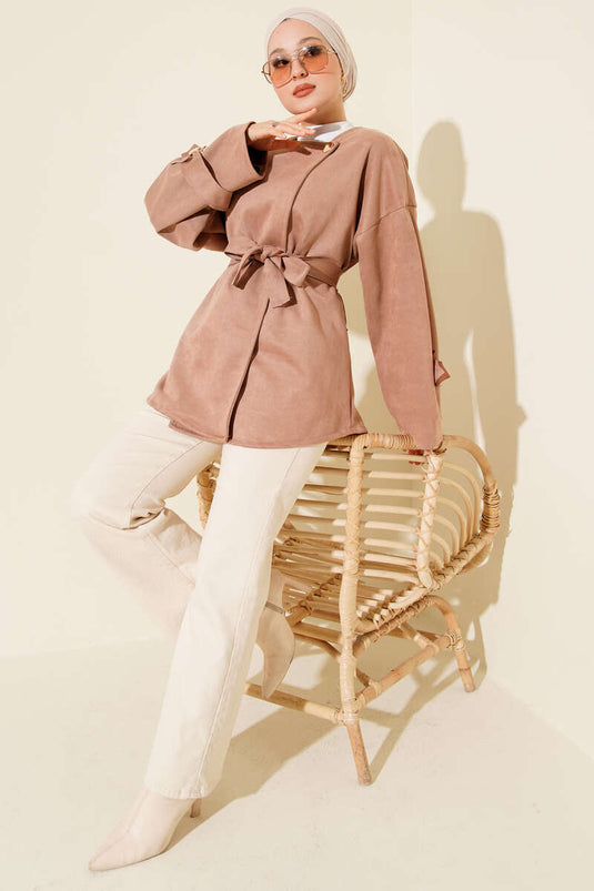 Gold Buttoned Belted Suede Jacket Powder