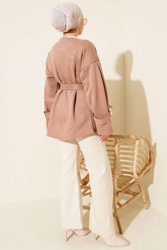 Gold Buttoned Belted Suede Jacket Powder