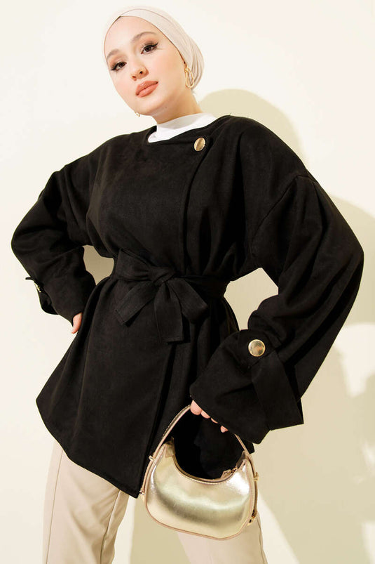 Belted Suede Jacket with Gold Buttons, Black