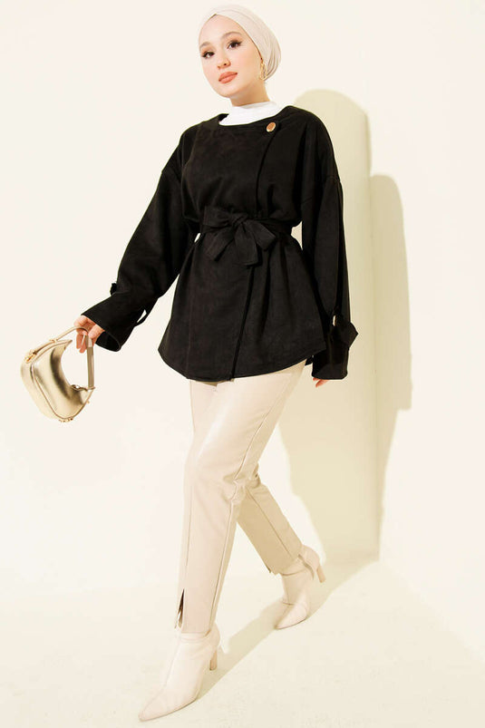 Belted Suede Jacket with Gold Buttons, Black