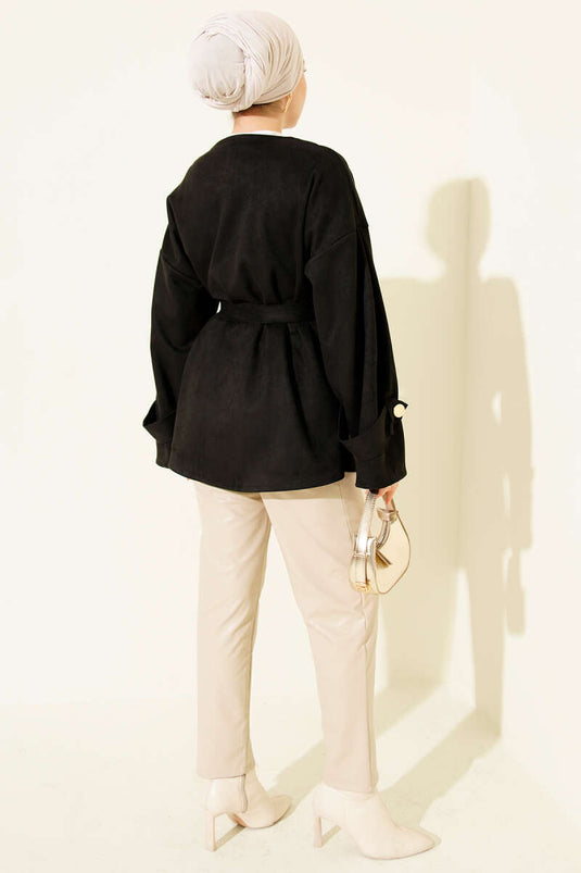 Belted Suede Jacket with Gold Buttons, Black