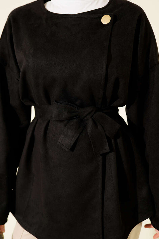Belted Suede Jacket with Gold Buttons, Black