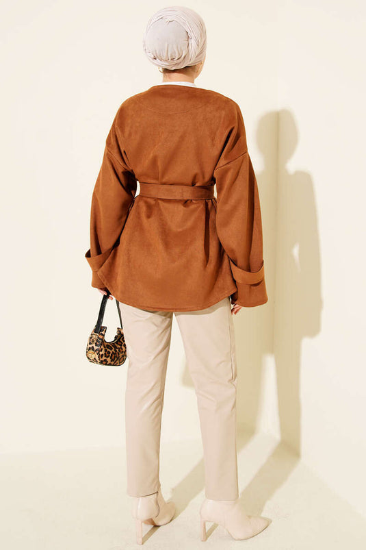 Gold Buttoned Belted Suede Jacket Tan