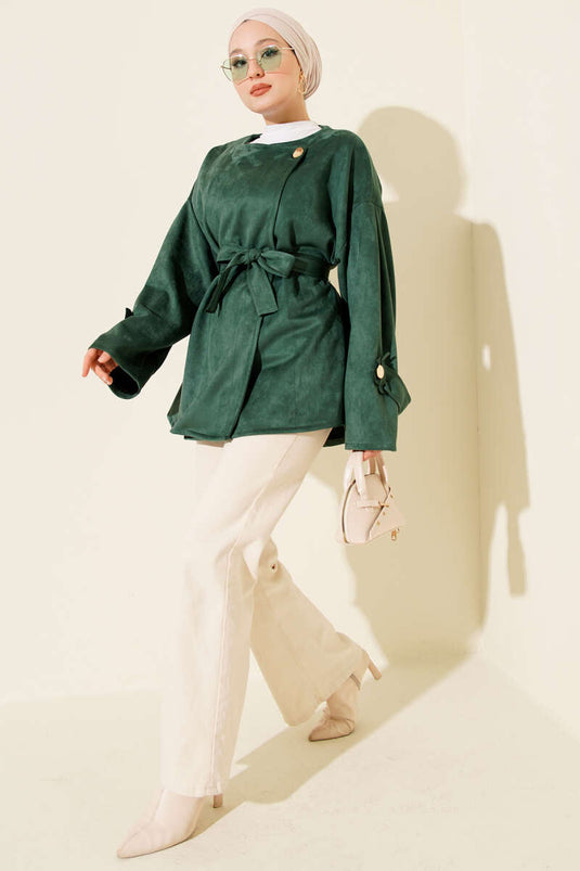 Gold Buttoned Belted Suede Jacket Emerald