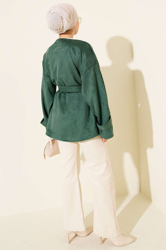 Gold Buttoned Belted Suede Jacket Emerald