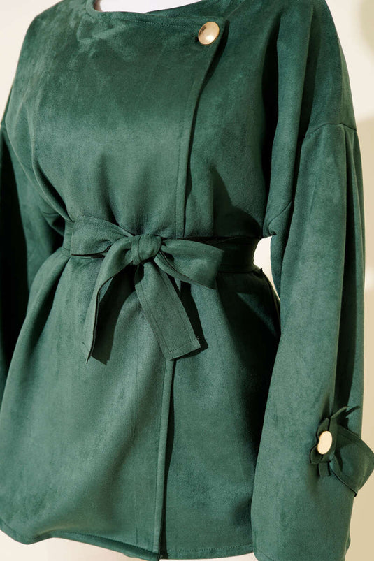 Gold Buttoned Belted Suede Jacket Emerald