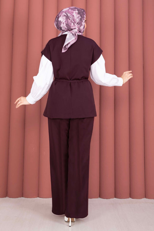 Ensemble pantalon et gilet ceinturé à boutons dorés, couleur lie de vin