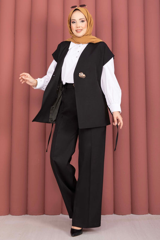 Ensemble pantalon et gilet ceinturé à boutons dorés noir