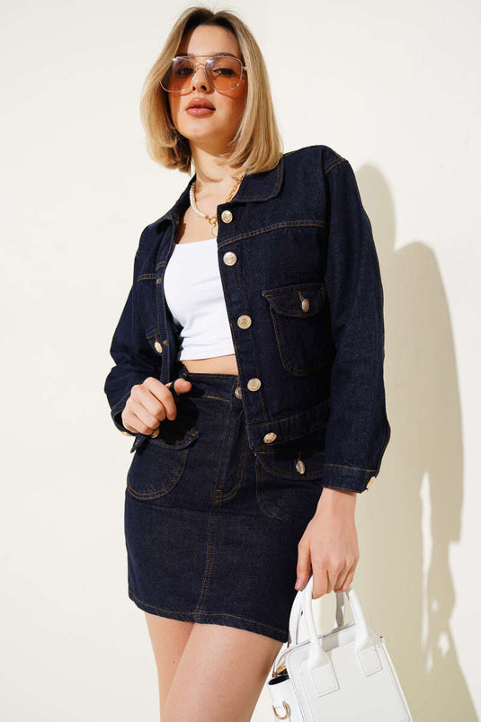 Gold Buttoned Mini Skirt Denim Two Piece Set Navy Blue