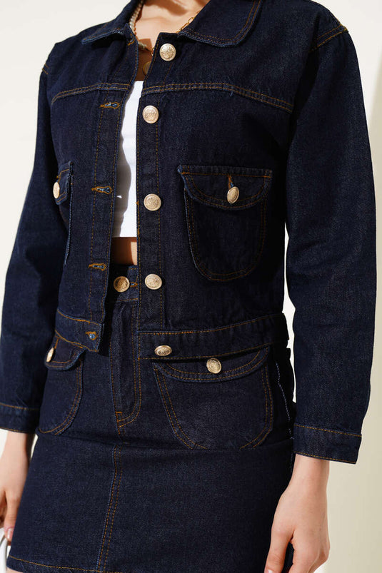 Gold Buttoned Mini Skirt Denim Two Piece Set Navy Blue