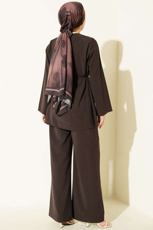 Gold Düğmeli Nervürlü Tensel İkili Takım Kahve