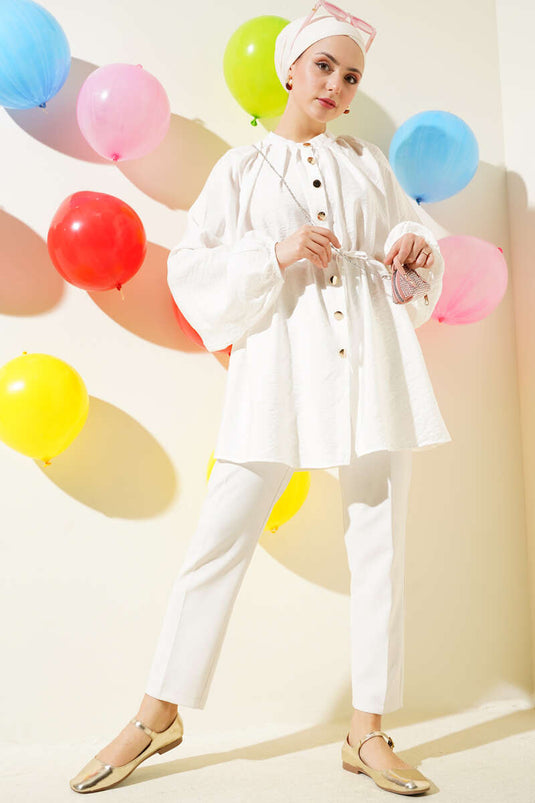 Gold Buttoned Pleated Shoulder Shirt Ecru