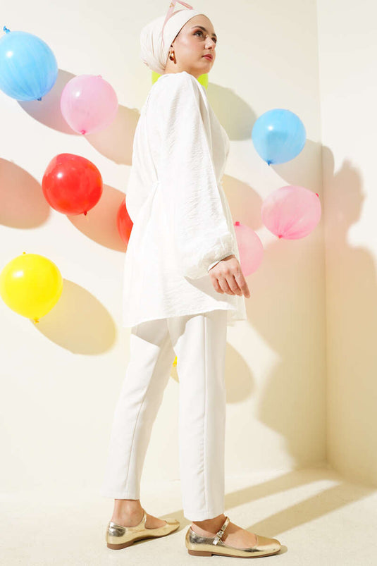 Gold Buttoned Pleated Shoulder Shirt Ecru