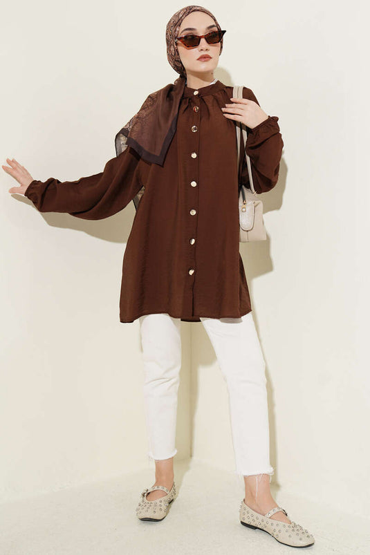 Gold Buttoned Shoulder Pleated Shirt Brown