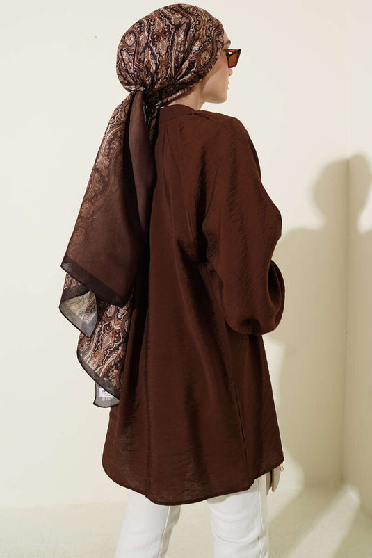 Gold Buttoned Shoulder Pleated Shirt Brown