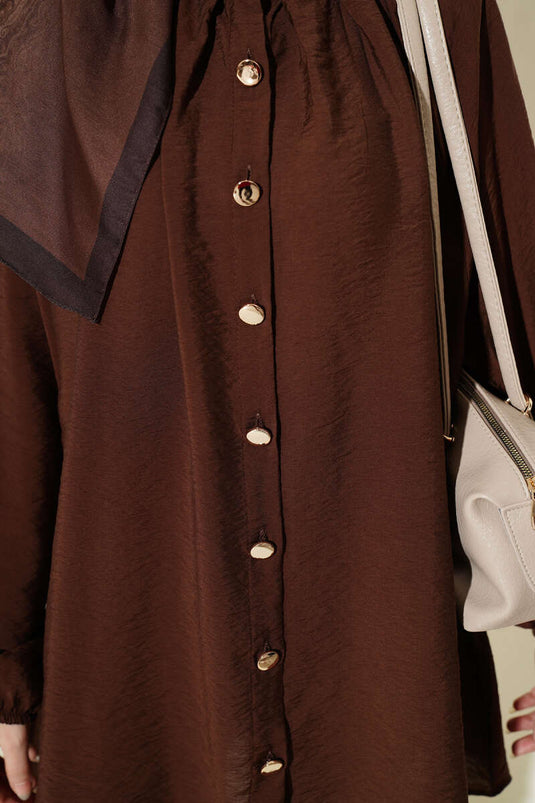 Gold Buttoned Shoulder Pleated Shirt Brown