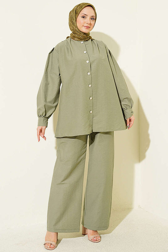 Gold Buttoned Parachute Two-Piece Set in Olive Green