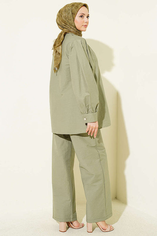 Gold Buttoned Parachute Two-Piece Set in Olive Green