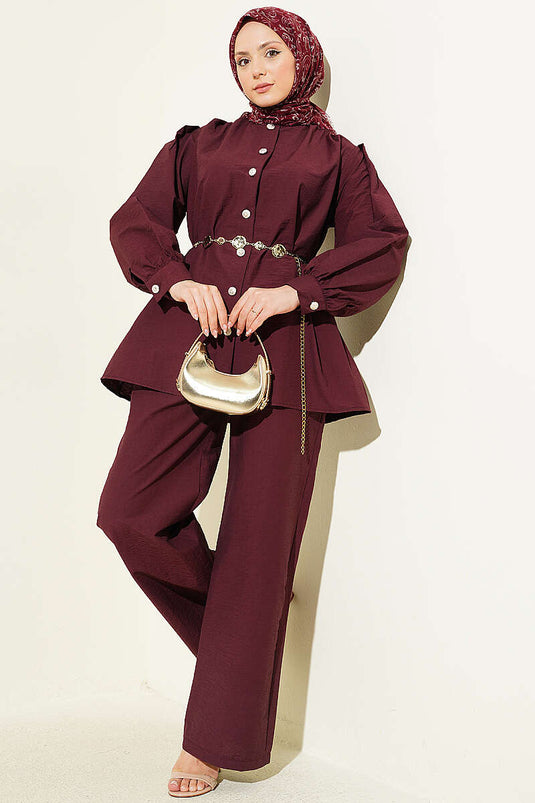 Ensemble double parachute avec boutons dorés, couleur prune