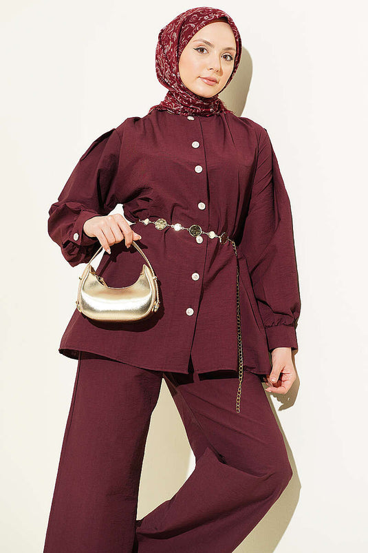 Gold Buttoned Parachute Two-Piece Set Burgundy