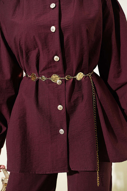 Ensemble double parachute avec boutons dorés, couleur prune
