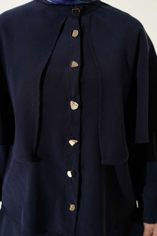 Navy Blue Set with Gold Buttoned Cape and Tencel Skirt