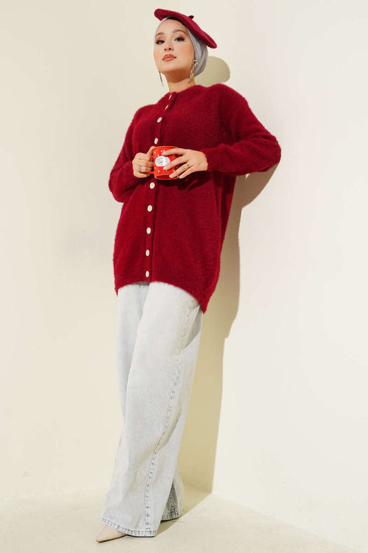 Goudkleurige geknoopte pluche cardigan in bordeauxrood