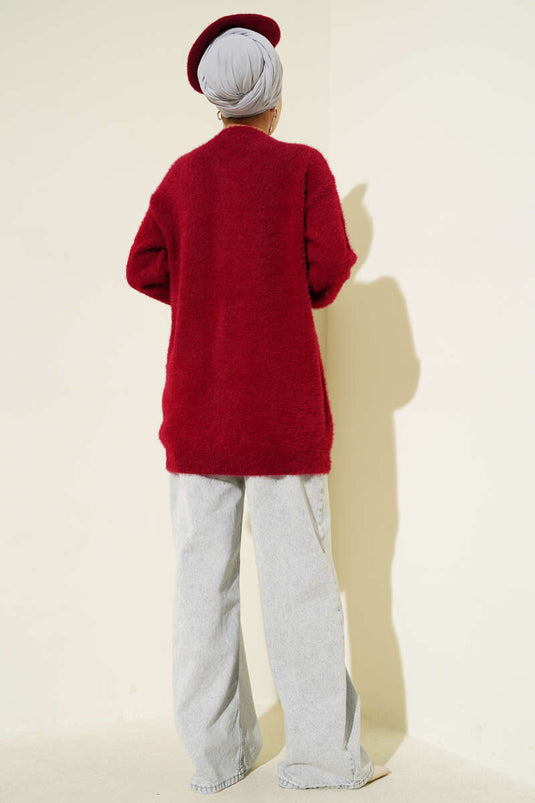 Goudkleurige geknoopte pluche cardigan in bordeauxrood