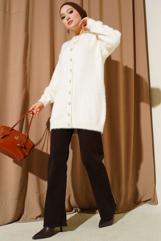 Gold Buttoned Plush Cardigan Ecru